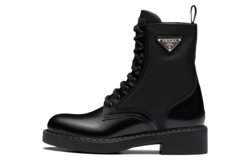 PRADA Women's Brushed Leather And Re-Nylon Ankle Boot 'Black'
