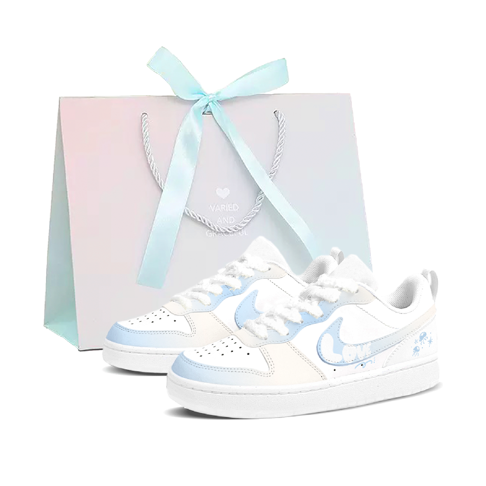 Nike Court Borough Low Sea Moon Jellyfish Cushioning, Wear Resistant Low Top Skateboard Shoes Women's Blue White