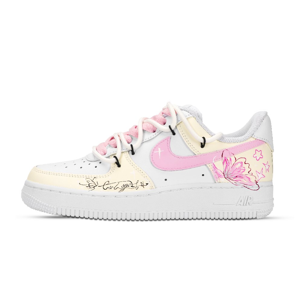 Nike Air Force 1 Butterfly Among Floral Abrasion Resistant Low Top Skateboard Shoes Unisex Yellow Pink White