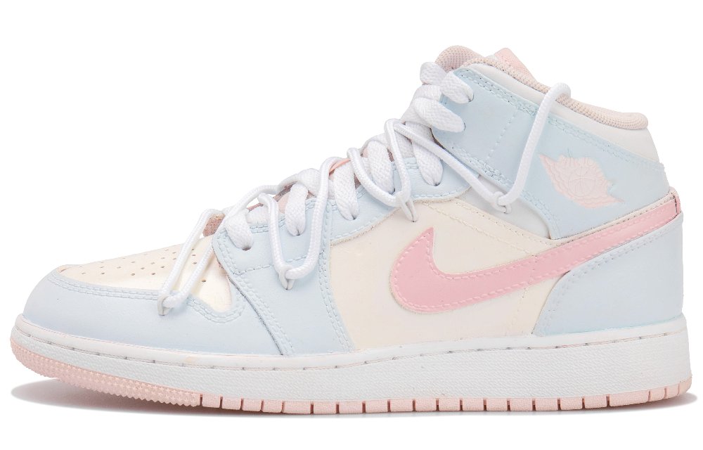 Jordan Air Jordan 1 Anti Slip Wear Resistant Mid Top Vintage Basketball Shoes GS White Pink Blue