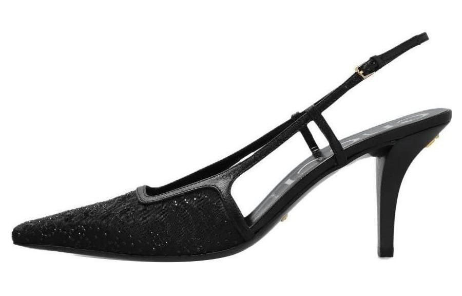 GUCCI Gg Slingback 75mm Pump Black Moire Fabric Gg Crytsal Applique Women's