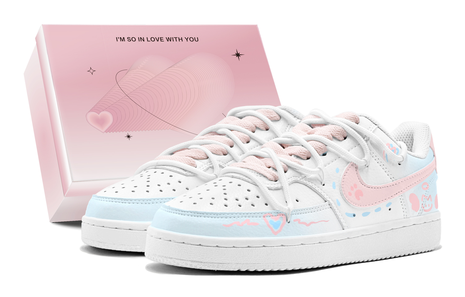 Nike Court Vision Romantic Treatment, Angel Kitten, Cute Anti Aging Low top Skateboard Shoes Women's Pink Blue