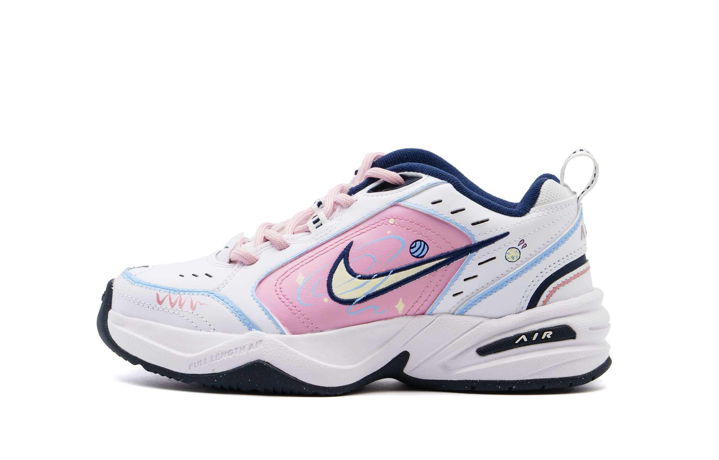 Nike Air Monarch 4 Slip Resistant Low top Chunky Sneakers Unisex Pink White Shopping Bag