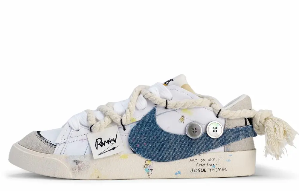 Nike Blazer Low Da Vinci Custom, Denim Graffiti Abrasion Resistant Low Top Skateboard Shoes Men's White Blue