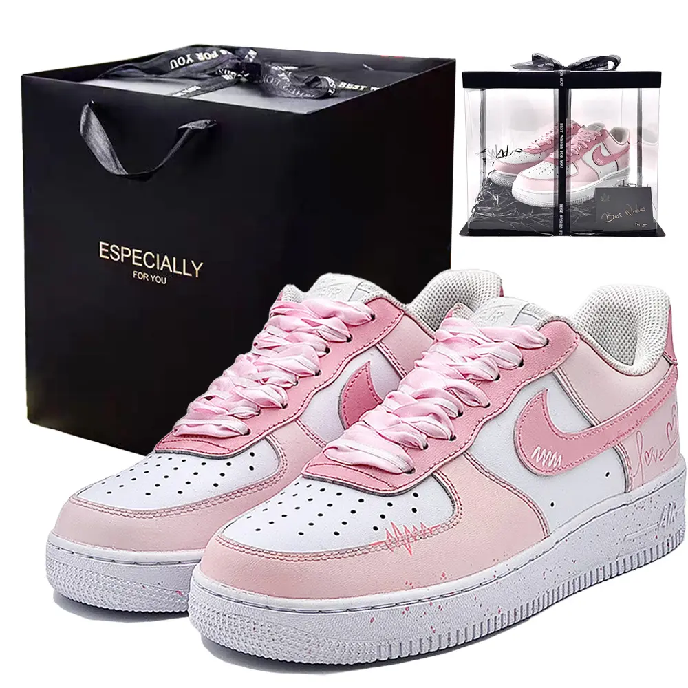 Nike Air Force 1 Heart English, Box Abrasion Resistant Low top Skateboard Shoes Unisex Pink White