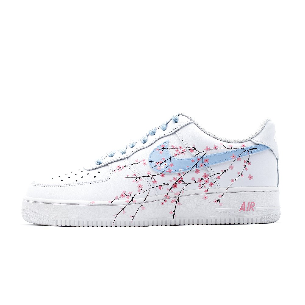 Nike Air Force 1 Hand-Drawn Collection Cherry Blossom Rain Low-Top Skateboard Shoes Men's White Blue Pink