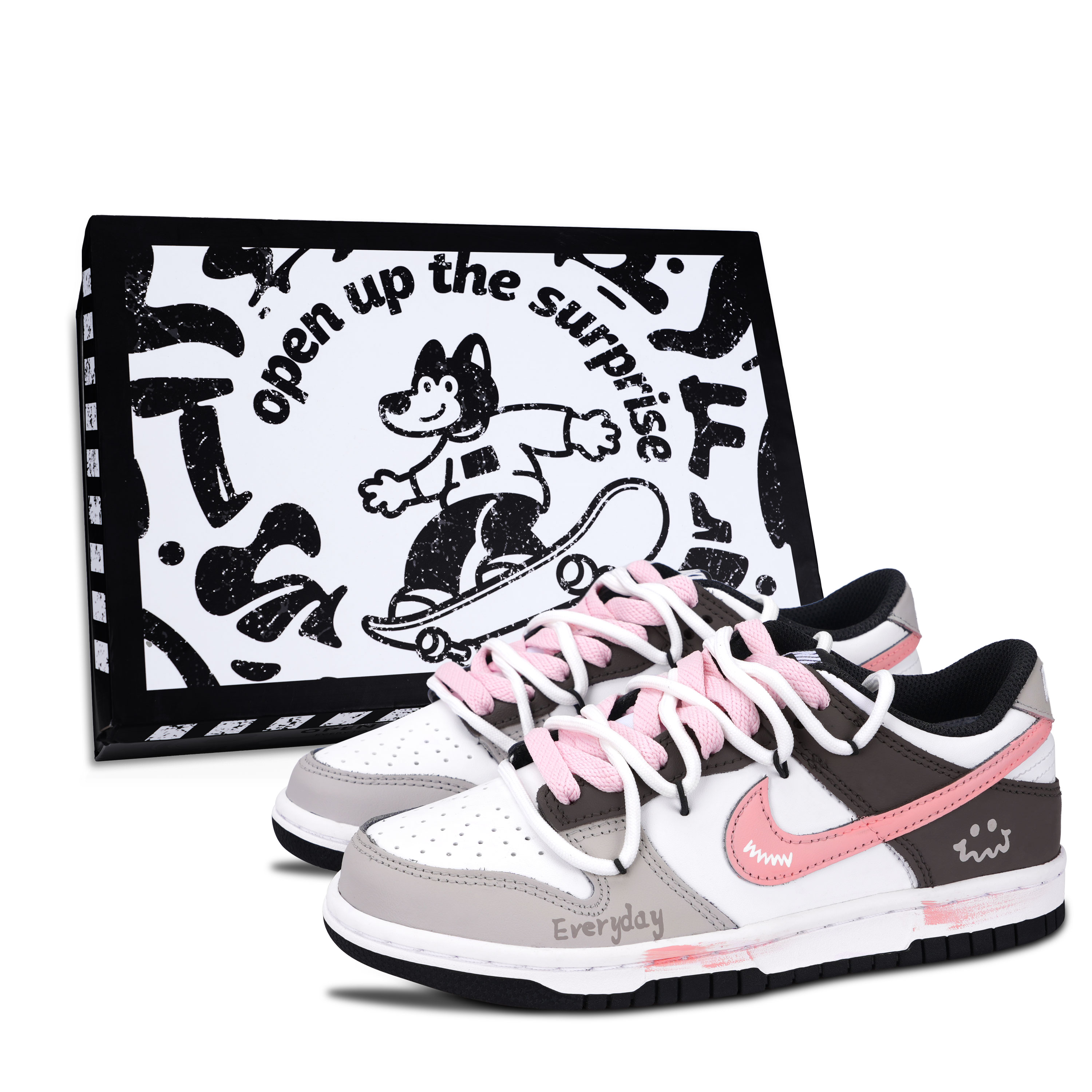 Nike Dunk Black White, Every Day Happy Black Shoe Box Abrasion Resistant Low top Skateboard Shoes Unisex Pink