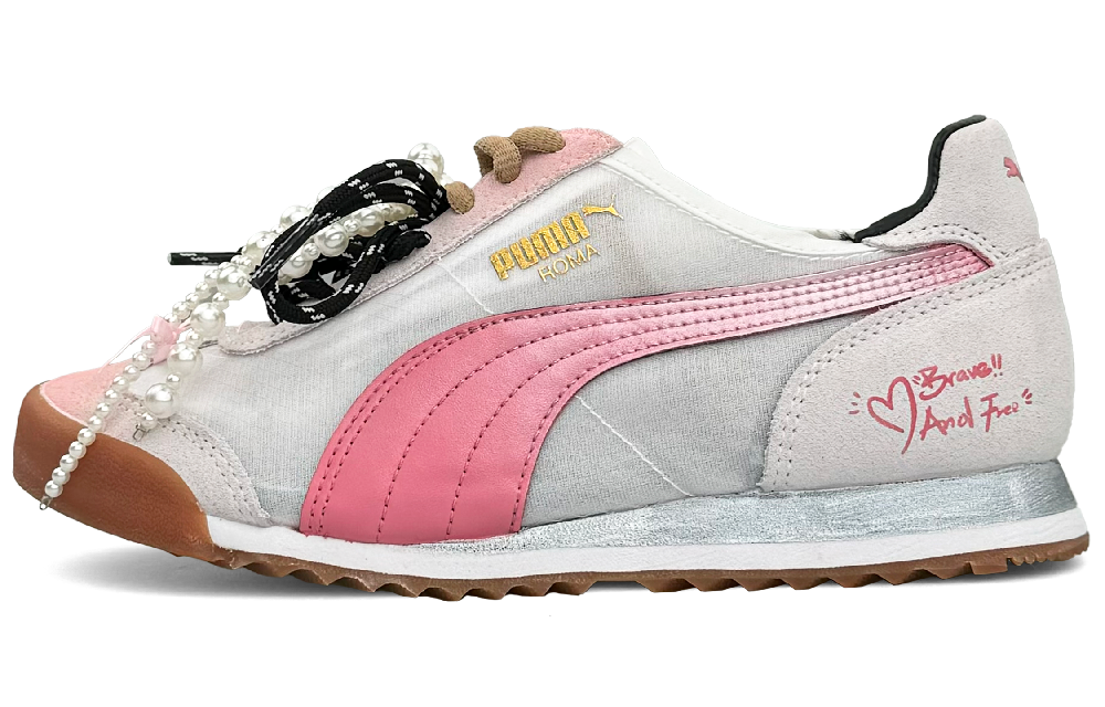 PUMA Roma Anti-Slip And Wear-Resistant Breathable Low-Top Casual Shoes Unisex Gray Pink Silver