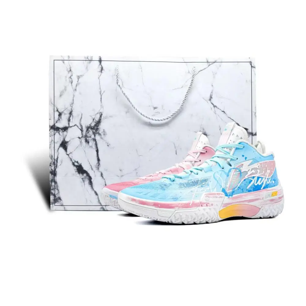LiNing Shudder Cushioning, Wear Resistant Mid top Basketball Shoes Unisex Blue Pink Mismatched