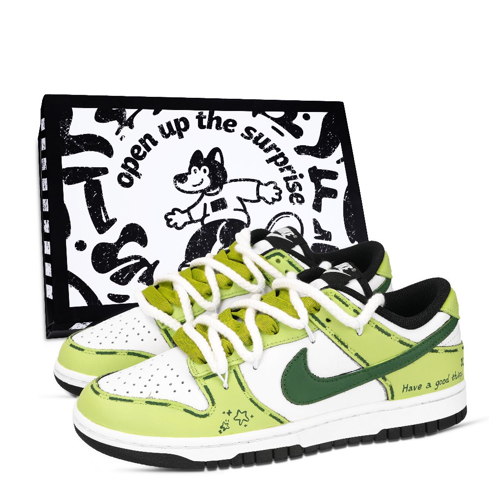 Nike Dunk Black White, Good Luck Always Comes Abrasion Resistant Low Top Skateboard Shoes Unisex Green White