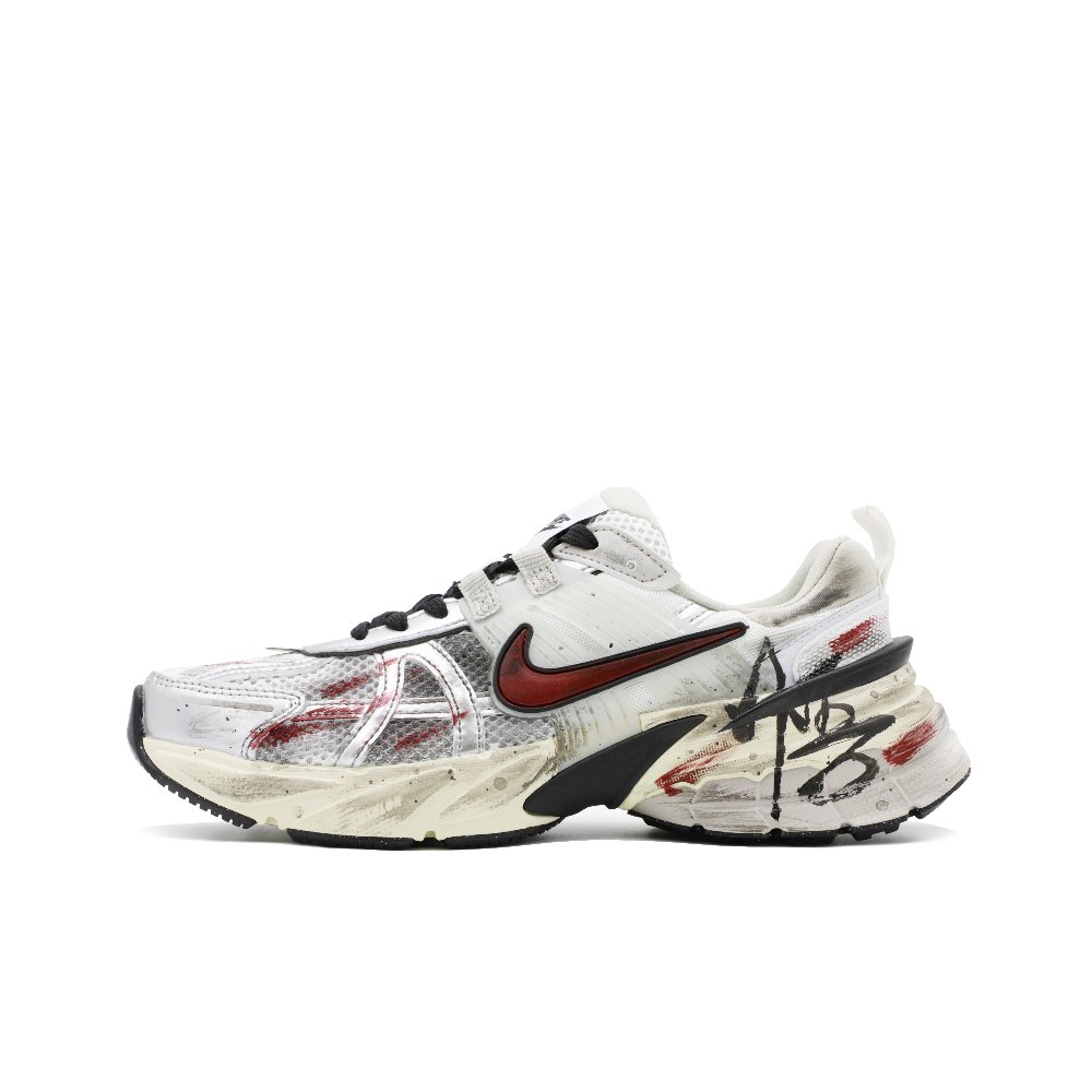 Nike V2K Run Shock Absorbers Slip Resistant Low Top Running Shoes Unisex Gray White Red