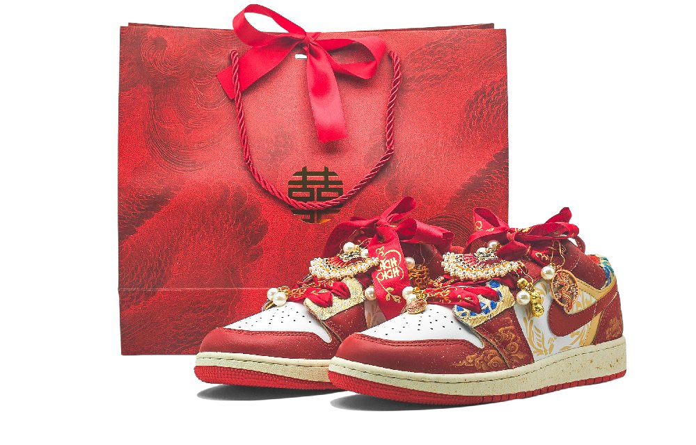 Jordan Air Jordan 1 Gilded Yingxi, Shopping Bag Cushioning, Wear Resistant Low Top Vintage Basketball Shoes Women's Red