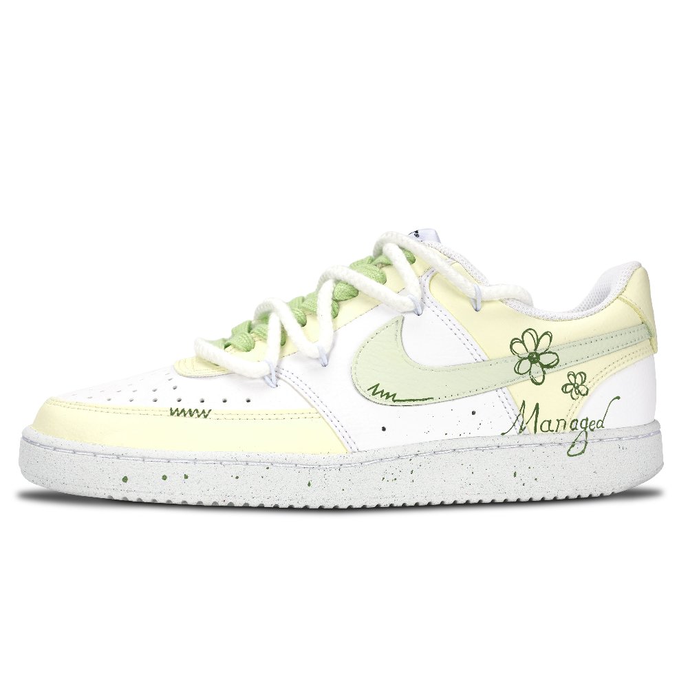 Nike Court Vision 1 Green Shade Small Flower Abrasion Resistant Low Top Skateboard Shoes Unisex Light Yellow