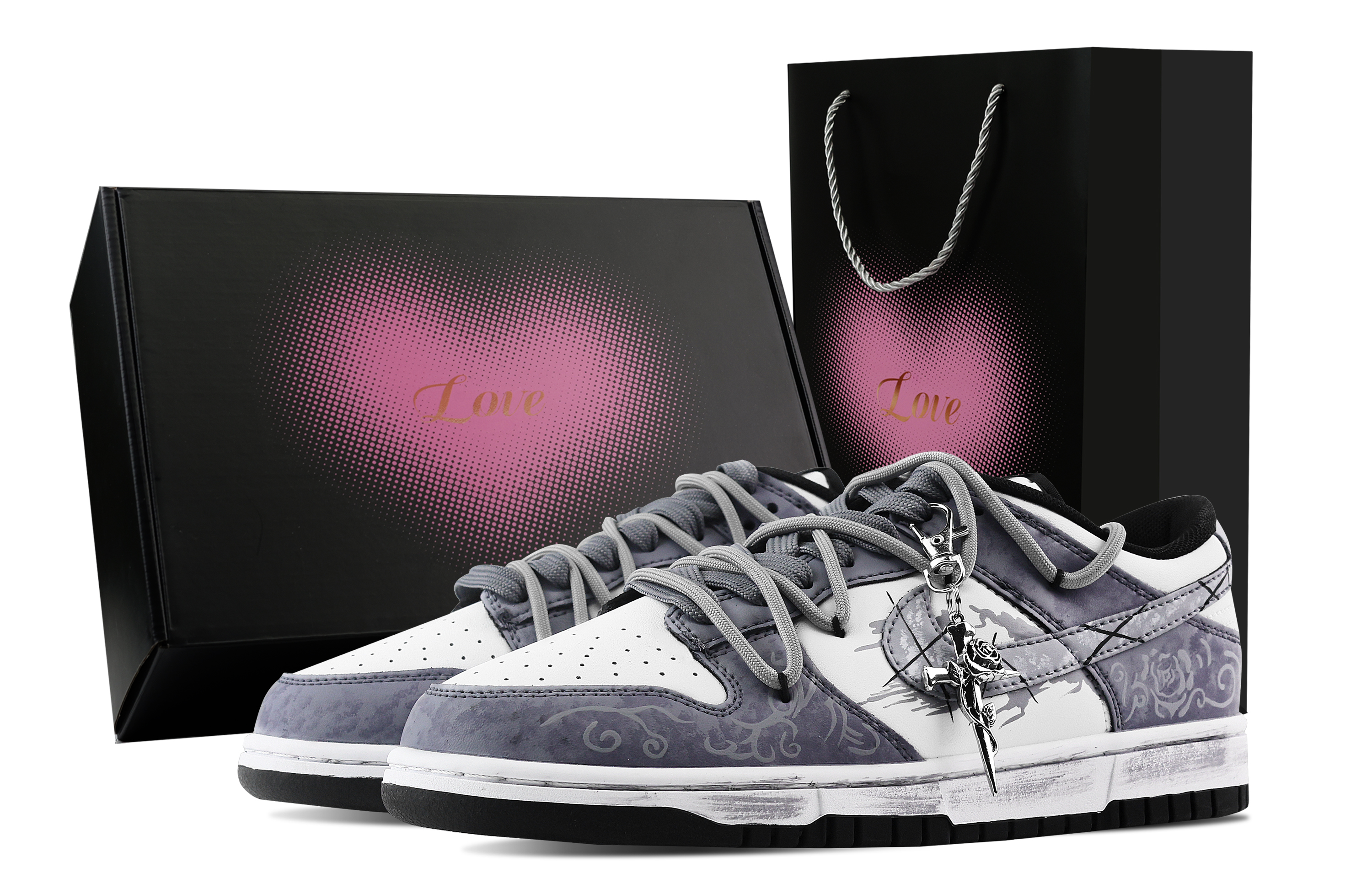 Nike Dunk Gothic Secret Letter, Heart Box Slip Resistant Abrasion Resistant Low top Skateboard Shoes Unisex Blue White