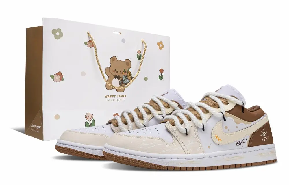Jordan Air Jordan 1 Honey Cheese Abrasion Resistant Low top Vintage Basketball Shoes Unisex Beige White Brown