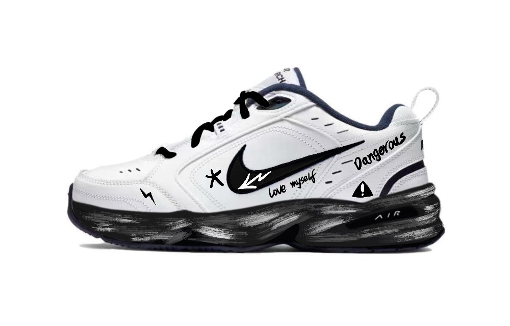 Nike Air Monarch 4 Slip Resistant Height Increasing Low Top Chunky Sneakers Unisex Graffiti Black