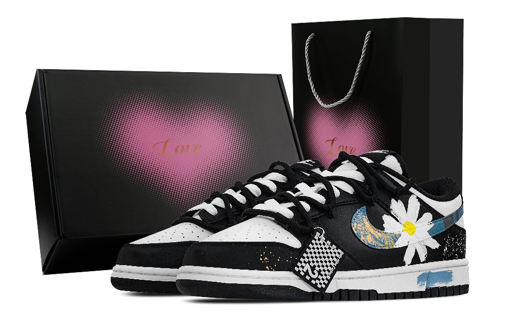 Nike Dunk Between The Blossoms, Heart Box Abrasion Resistant Low Top Skateboard Shoes Unisex Blue White Black