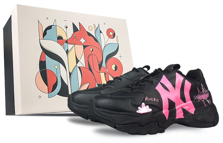 MLB Big Ball Chunky Cookie Wear-Resistant Height Increasing Low-Top Chunky Sneakers Women's Black Pink