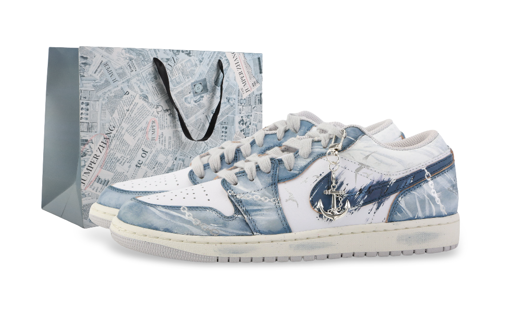 Jordan Air Jordan 1 Drippy Tornado Storm Abrasion Resistant Low Top Vintage Basketball Shoes Men's Gray Blue