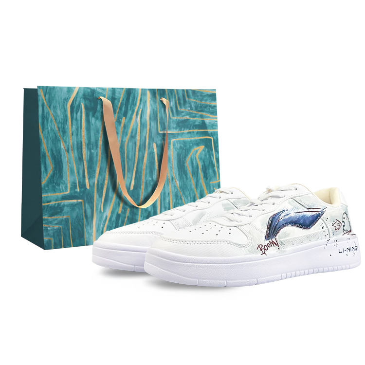 LiNing Pontoon Boats Slip-Resistant Cushioning Low-Top Skateboard Shoes Women's White Blue
