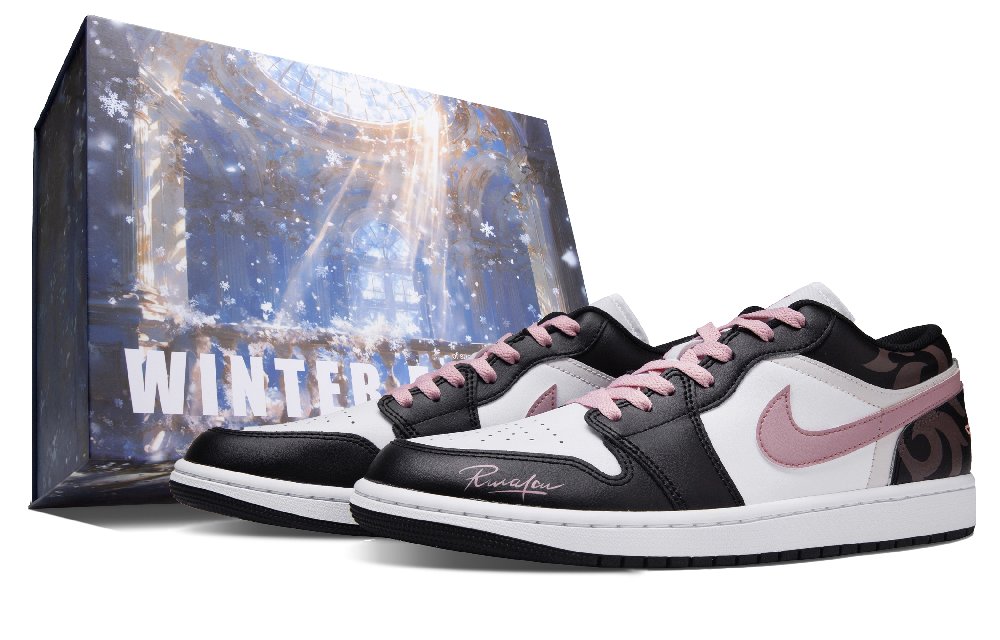 Jordan Air Jordan 1 Street Corner Flower Stall Abrasion Resistant Low Top Vintage Basketball Shoes Unisex Black Pink