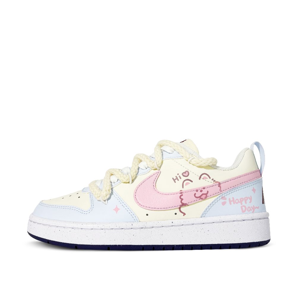 Nike Court Borough Hello Puppy Anti-Slip And Wear-Resistant Lightweight Low-Top Skateboard Shoes GS Yellow White Pink