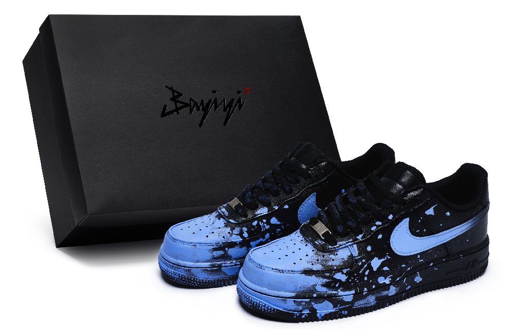 Nike Air Force 1 07 811 Manufacturing, Crazy Graffiti Blue, Special Shoe Box Low Top Skateboard Shoes Unisex Black Blue