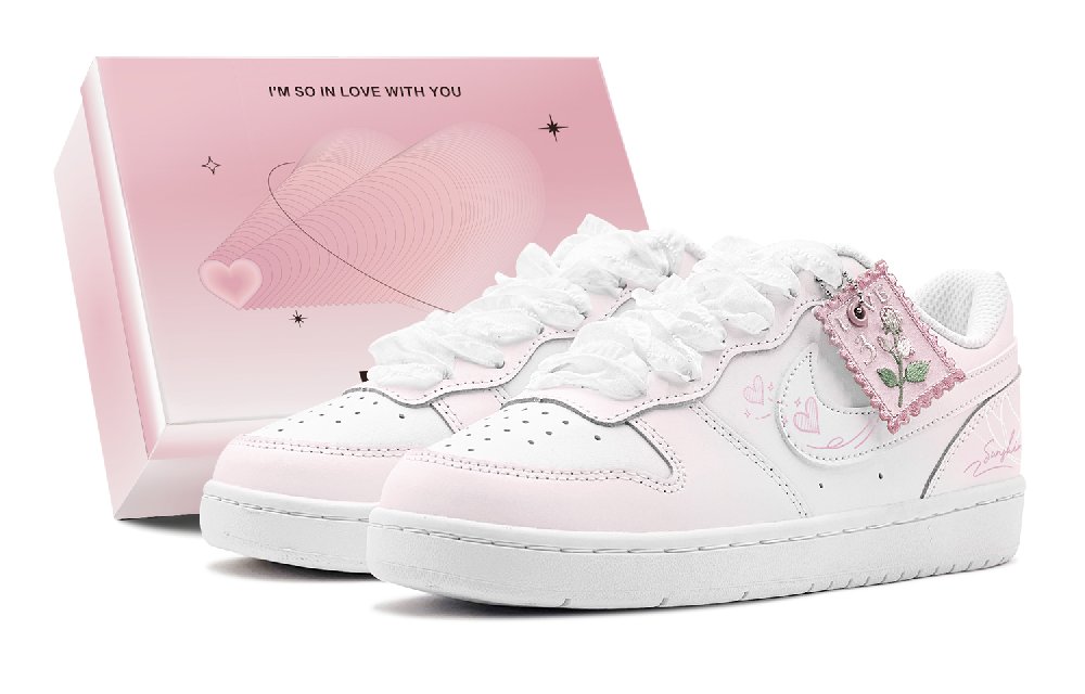 Nike Court Borough Passionate Affection, Rose Butterfly, Sweet Girl Outfit Low top Skateboard Shoes GS Pink White