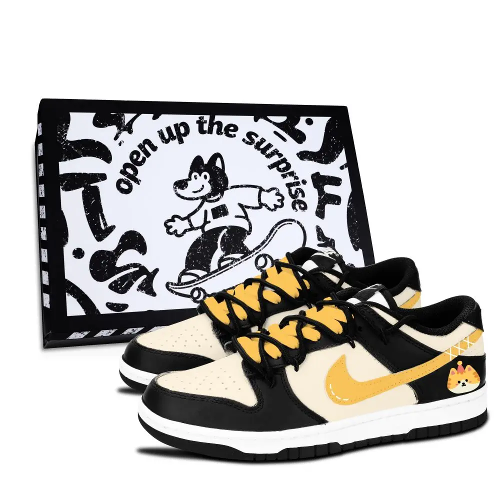 Nike Dunk Black White, Meow Yellow Companion Abrasion Resistant Slip Resistant Low top Skateboard Shoes Unisex