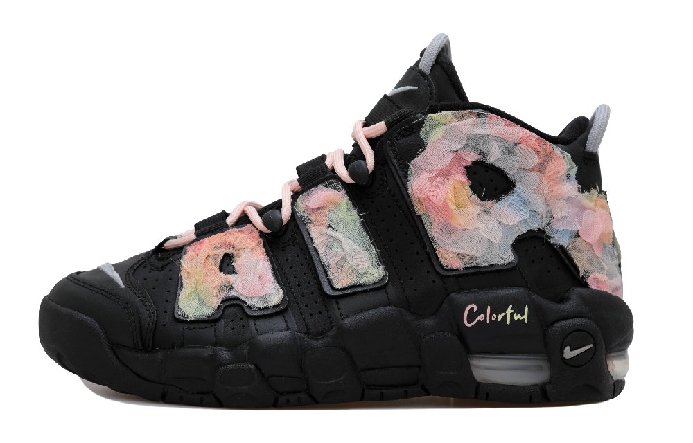 Nike Air More Uptempo Multicolor Flower Cushioning, Wear Resistant Mid Top Vintage Basketball Shoes GS Black Pink