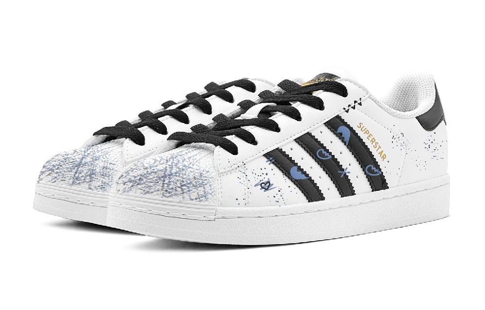 Adidas Originals SUPERSTAR Heart Distressed Shoes, Creative Graffiti Low Top Skateboard Shoes Unisex Black Blue