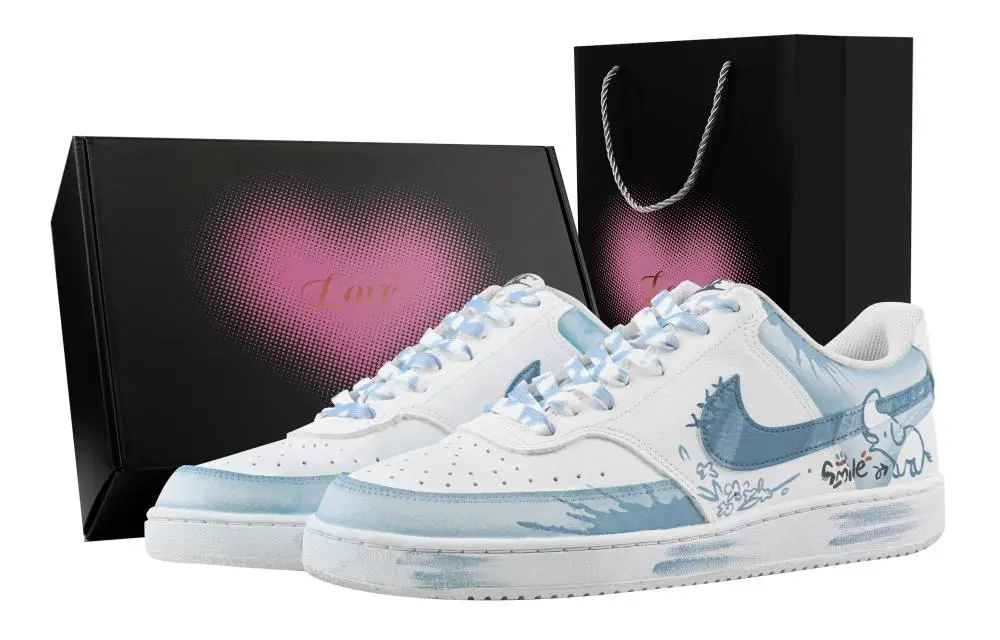 Nike Court Vision 1 Little Elephant, Heart Box Abrasion Resistant Low top Skateboard Shoes Men's Cyan White