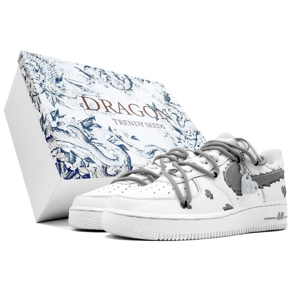 Nike Air Force 1 Kaleidoscope Puzzle Pixel Block Box Coverage Warm Low-Top Skateboard Shoes Unisex White Gray