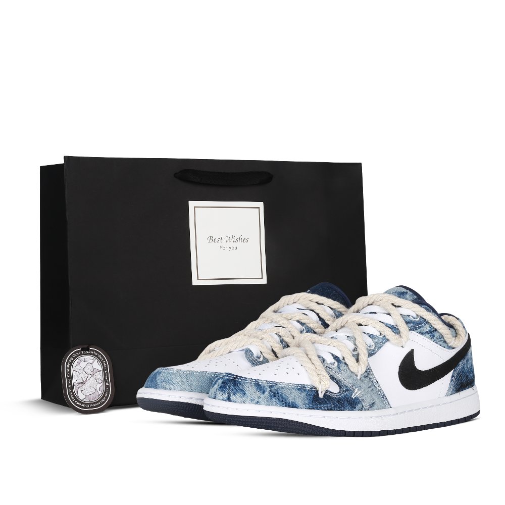Jordan Air Jordan 1 Low Black Star Anti-Slip Wear-Resistant Low-Top Vintage Basketball Shoes Men's White Blue