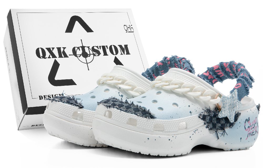 Crocs Classic Platform Clog Summer Denim Special Shoe Box Clogs Women's Blue White