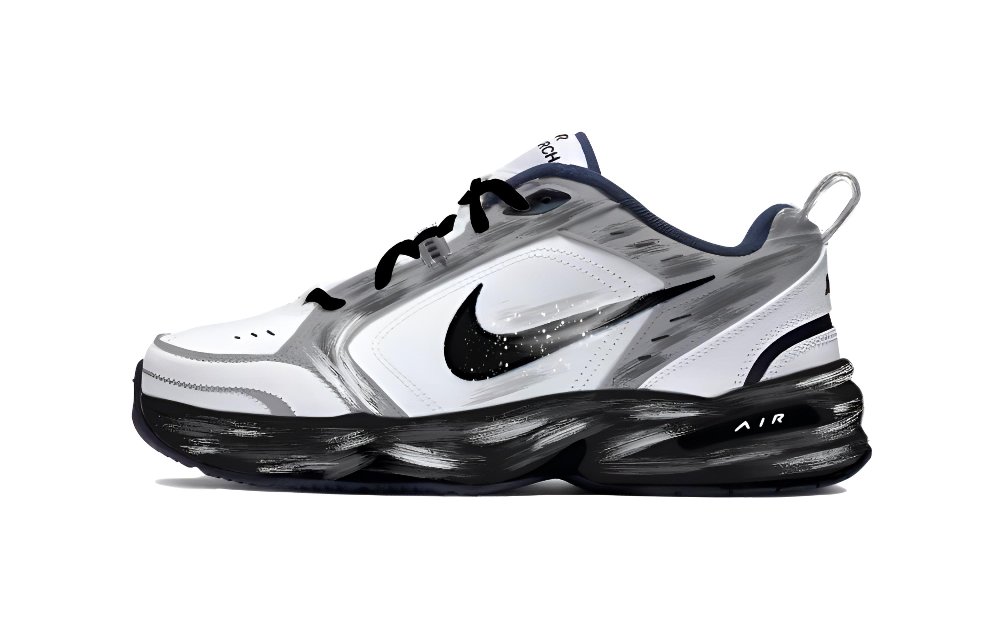 Nike Air Monarch 4 Moon Plan 2 Scratch And Win Anti Slip Wear Resistant Low Top Chunky Sneakers Unisex Black White Gray