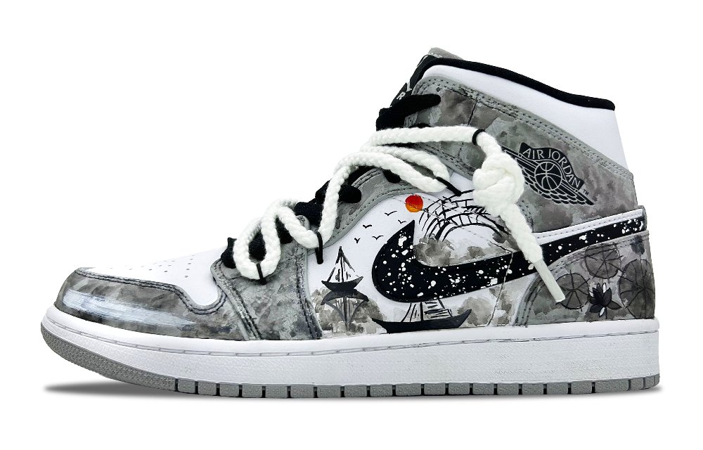 Jordan Air Jordan 1 Cushioning Mid-Top Vintage Basketball Shoes Men's Black White