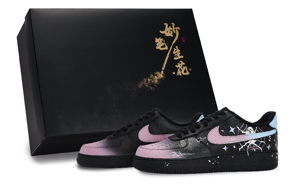 Nike Air Force 1 Wondrous Brush Strokes, Spider Silk Lightning Low Top Skateboard Shoes Unisex Black Pink Blue