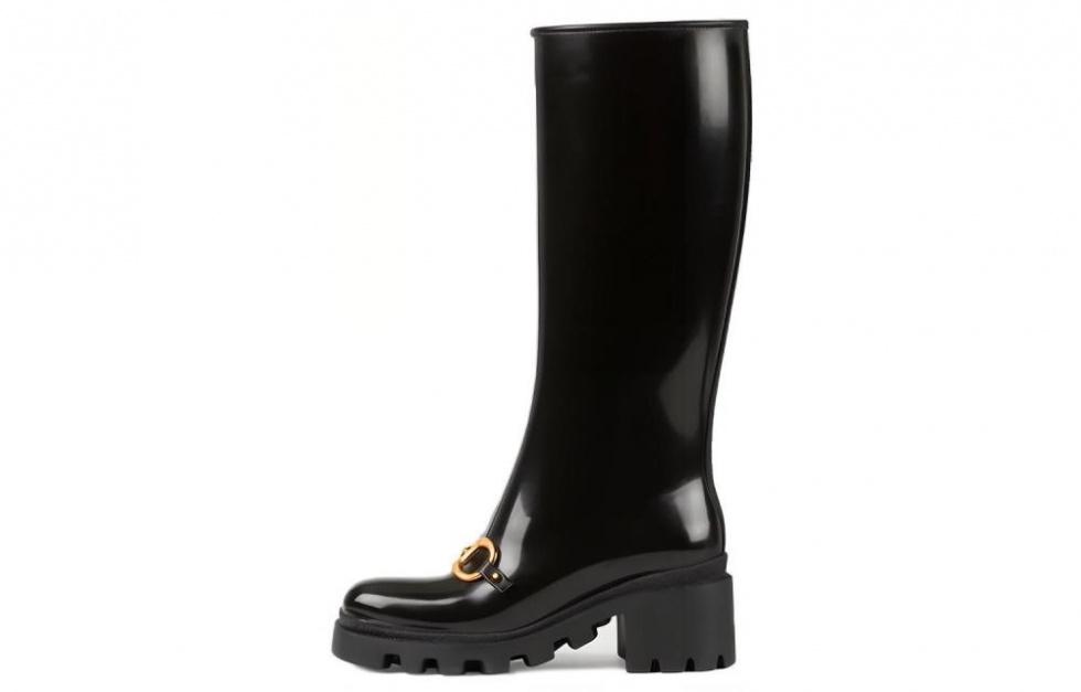 GUCCI Horsebit Knee High Boot Black Rubber Women's