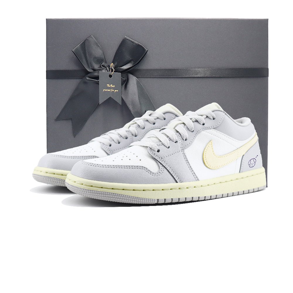 Jordan Air Jordan 1 Anti Slip Wear Resistant Low Top Vintage Basketball Shoes Unisex White Gray Yellow