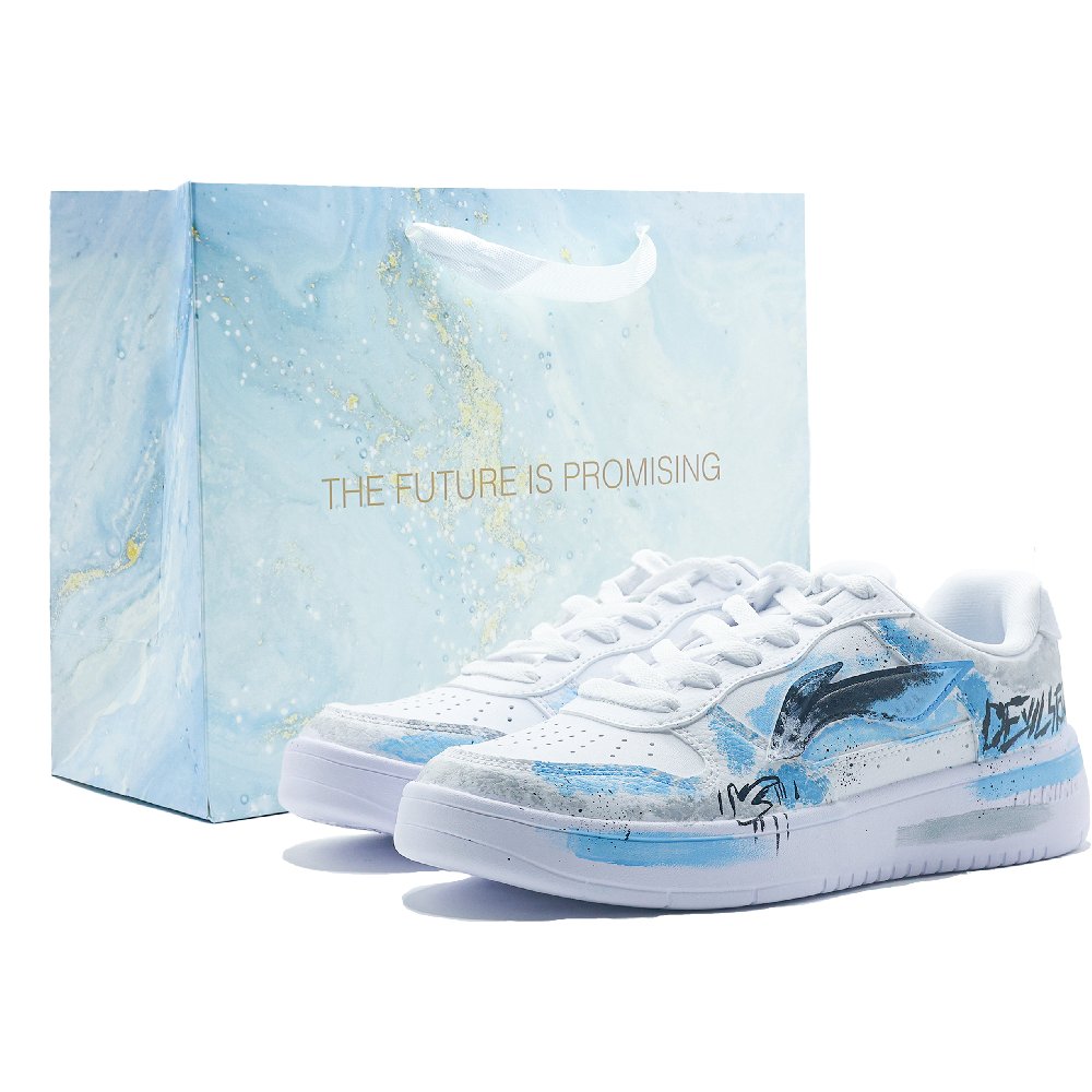LiNing Pontoon Boats Slip Resistant, Abrasion Resistant, Breathable Low Top Skateboard Shoes Men's White Blue Black
