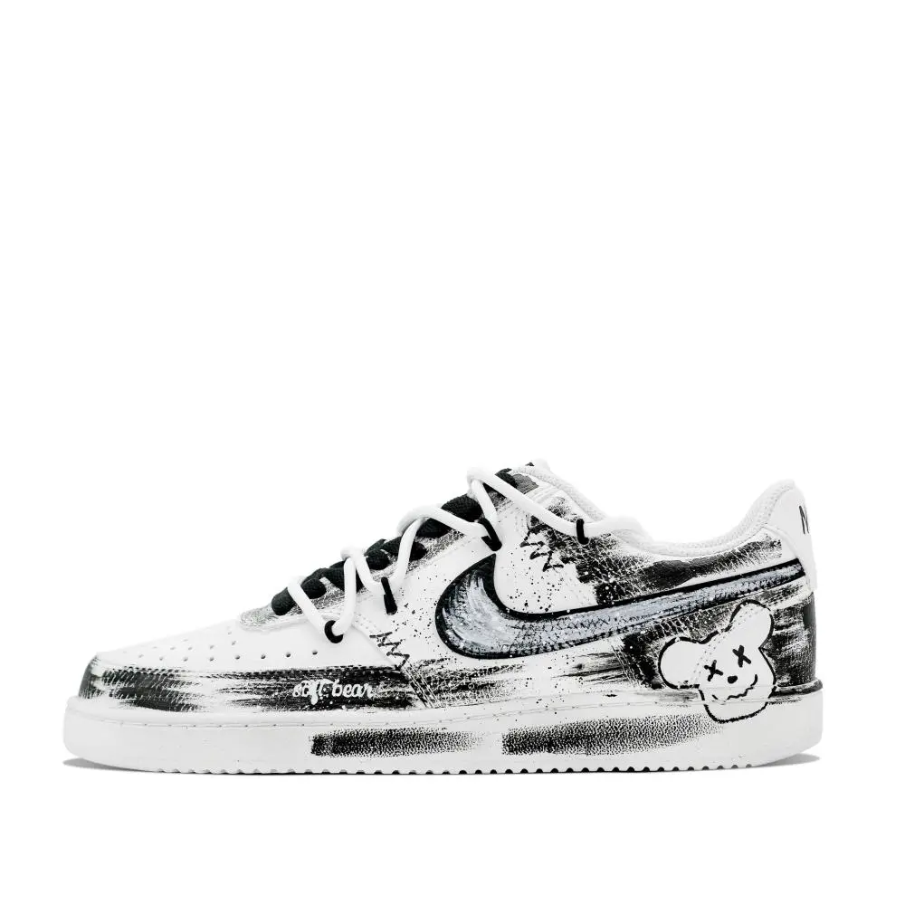 Nike Court Vision 1 Bear Conquers All Abrasion Resistant Low top Skateboard Shoes Unisex Black White