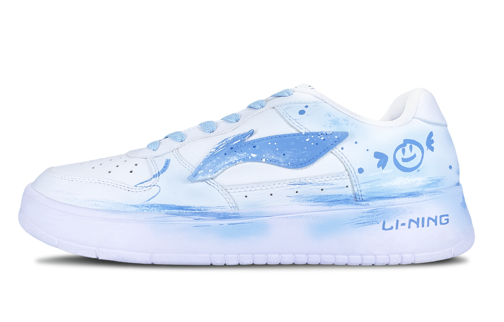 LiNing Pontoon Boats Blue Graffiti Anti Slip Wear Resistant Low Top Skateboard Shoes Unisex White Blue