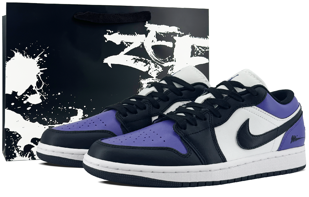 Jordan Air Jordan 1 Cushioning, Wear Resistant Low Top Vintage Basketball Shoes GS Black Purple Toes