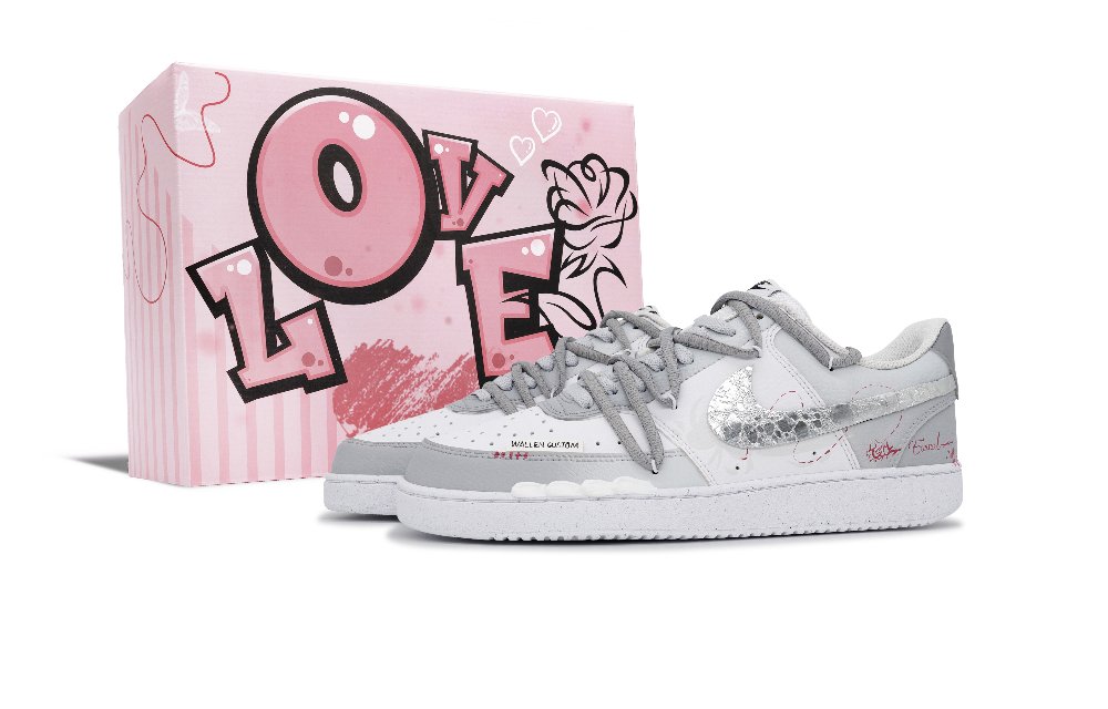 Nike Court Vision 1 Little Silver Star, Pink Love Anti Slip Wear Resistant Low Top Skateboard Shoes Men's Silver Gray