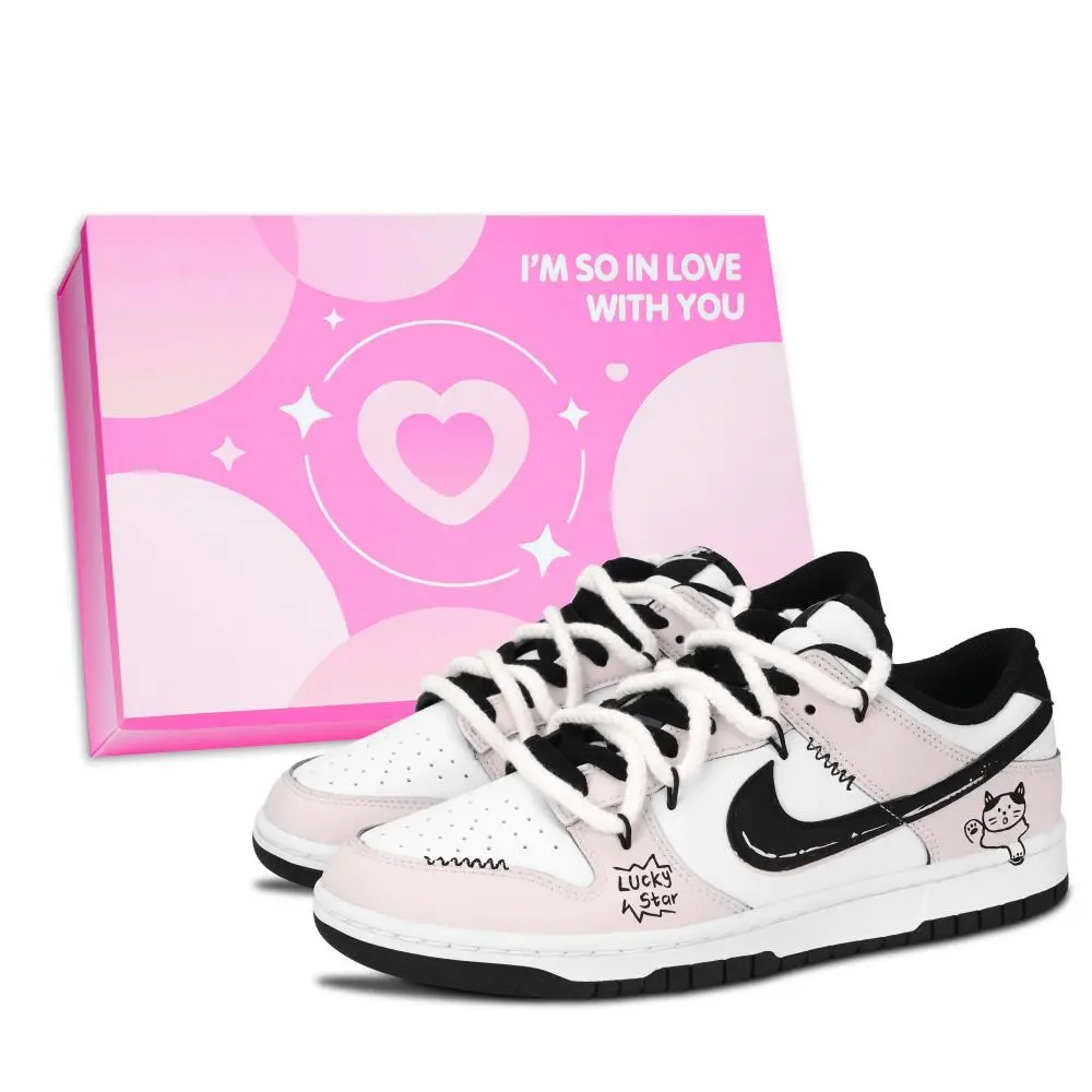 Nike Dunk Black White, Lucky Kitten Abrasion Resistant Low Top Skateboard Shoes Unisex Light Pink