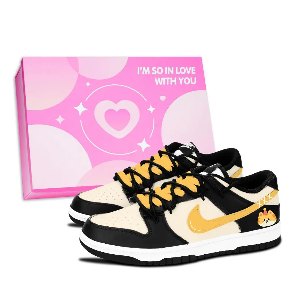 Nike Dunk Black White, Meow Yellow Companion Abrasion Resistant Slip Resistant Low top Skateboard Shoes Unisex