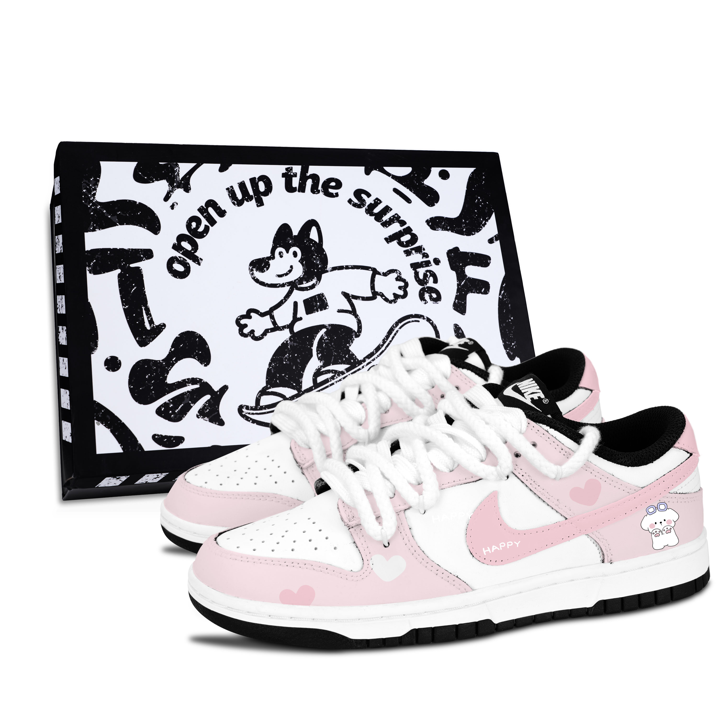 Nike Dunk Black White, Cute Pink Tone Slip Resistant Abrasion Resistant Low top Skateboard Shoes Unisex