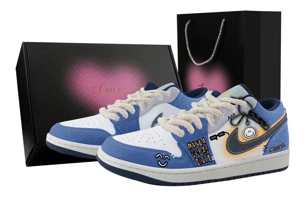 Jordan Air Jordan 1 Toy City, Heart Box Abrasion Resistant Low top Vintage Basketball Shoes Men's Blue White