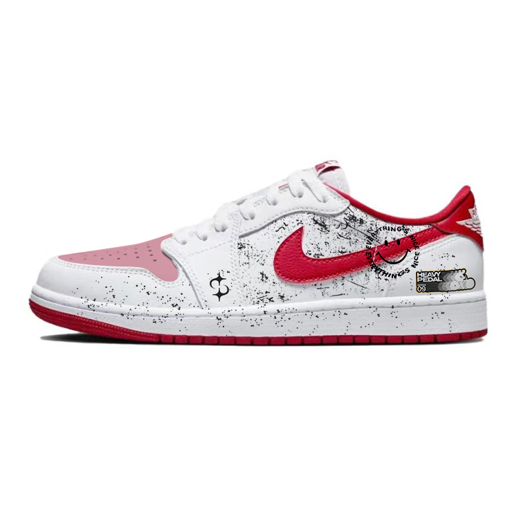 Jordan Air Jordan 1 Dotted Ink Smiley Face Wear-Resistant Low-Top Vintage Basketball Shoes Unisex White Red